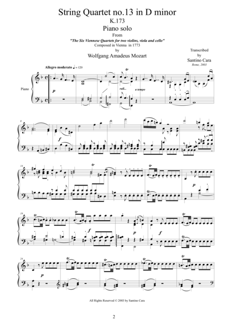 Mozart Complete String Quartet No 13 In D Minor K173 For Piano Solo Page 2