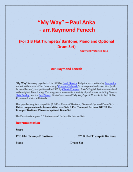 My Way By Paul Anka 2 B Flat Trumpets Baritones And Piano With Optional Drum Set Page 2