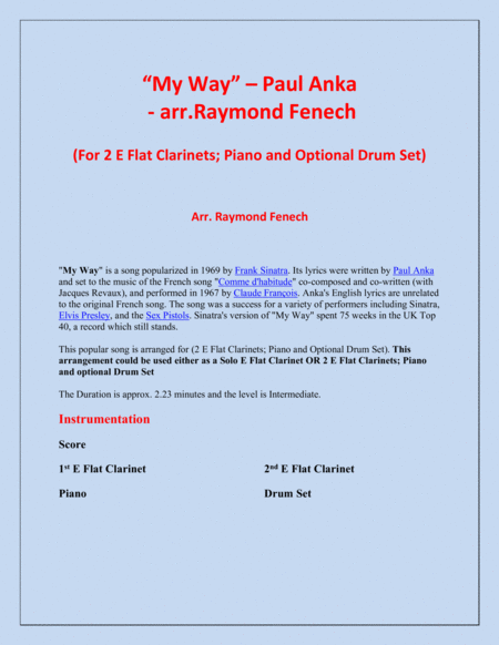 My Way By Paul Anka 2 E Flat Clarinets And Piano With Optional Drum Set Page 2