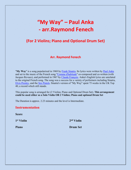 My Way By Paul Anka 2 Violins And Piano With Optional Drum Set Page 2