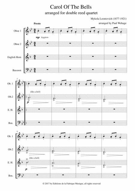 Mykola Leontovich Carol Of The Bells Arranged For Two Oboes English Horn And Bassoon Page 2
