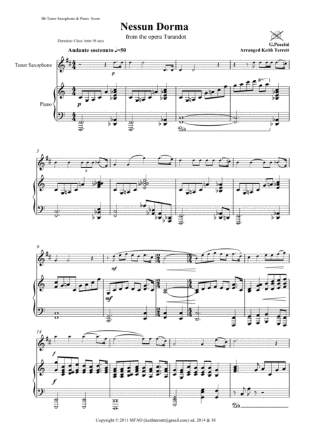 Nessun Dorma For Bb Tenor Saxophone Piano Page 2