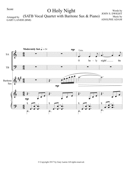 O Holy Night Satb Vocal Quartet With Baritone Sax Piano Score Parts Included Page 2