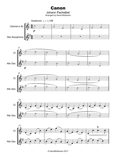 Pachelbels Canon Duet For Clarinet And Saxophone With Optional Bass Part Page 2