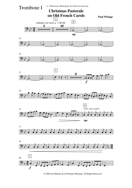 Paul Wehage Christmas Pastorale On Old French Carols For Concert Band 1st Trombone Part Page 2