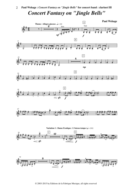 Paul Wehage Concert Fantasy On Jingle Bells Theme And Five Variations On The Carol By Pierpont For Concert Band 3rd Bb Clarinet Part Page 2