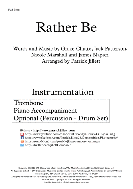 Rather Be Arranged For Solo Trombone With Piano Accompaniment Optional Percussion Drum Set Page 2