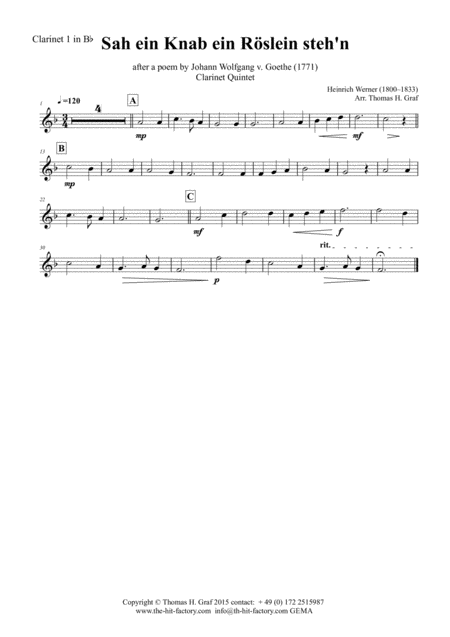 Sah Ein Knab Ein Roeslein Stehn German Folk Song Clarinet Quintet Page 2
