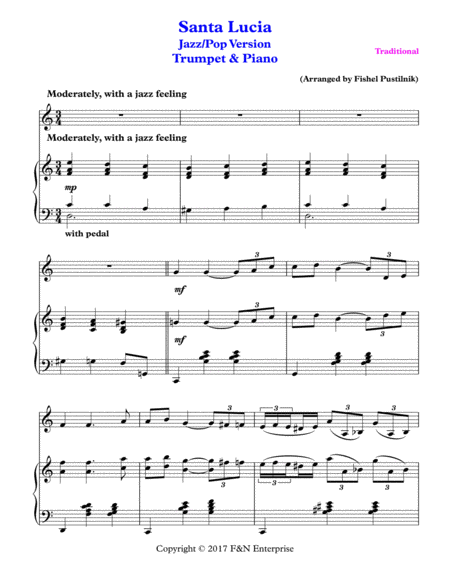 Santa Lucia Piano Background For Trumpet And Piano Jazz Pop Version Page 2