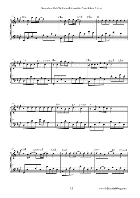 Somewhere Only We Know Intermediate Piano Solo In Published A Key With Chords Page 2