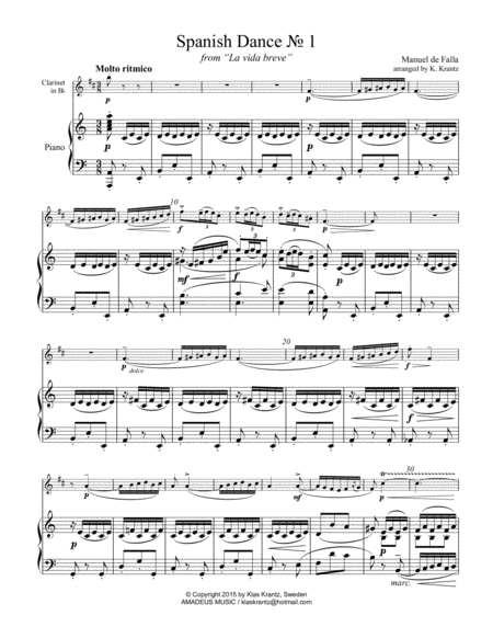 Spanish Dance No 1 From La Vida Breve For Clarinet In Bb And Piano Page 2