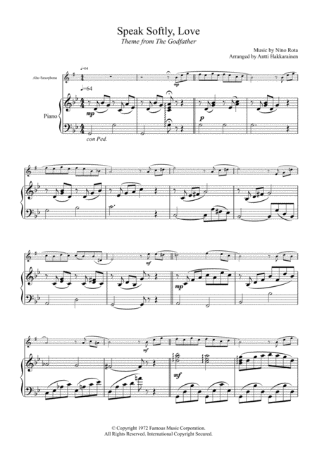 Speak Softly Love Godfather Theme Alto Saxophone Piano Page 2