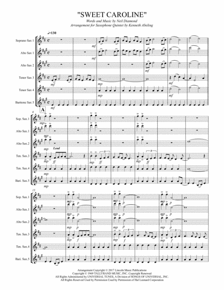 Sweet Caroline For Saxophone Quintet Sattb Or Aattb Page 2