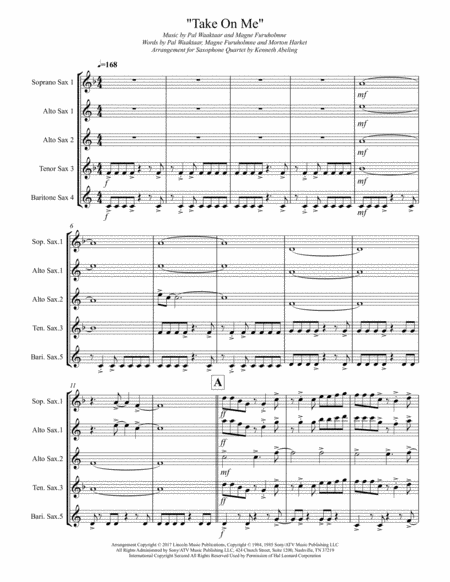 Take On Me For Saxophone Quartet Satb Or Aatb Page 2