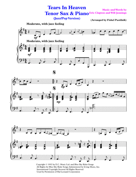 Tears In Heaven For Tenor Sax And Piano Jazz Pop Version Page 2