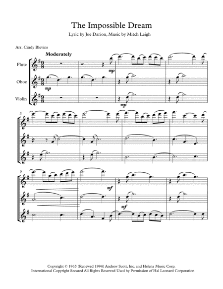 The Impossible Dream Arranged For Flute Oboe And Violin Page 2