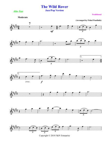 The Wild Rover For Alto Sax With Background Track Jazz Pop Version With Improvisation Page 2