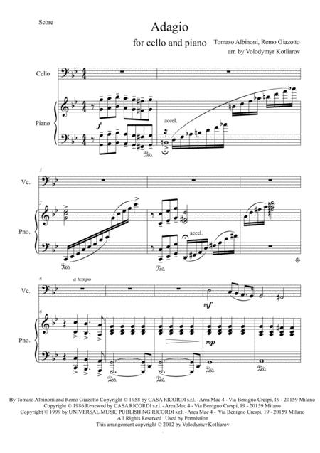 Tomaso Albinoni Adagio In G For Cello And Piano Page 2