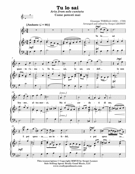 Torelli Giuseppe Tu Lo Sai Aria From Solo Cantata Come Potesti Mai For Voice And Piano F Major Page 2