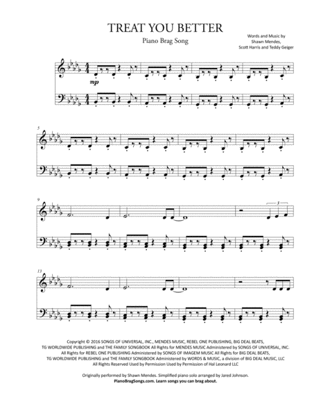 Treat You Better Simplified And Easy Key Piano Solos Shawn Mendes Page 2