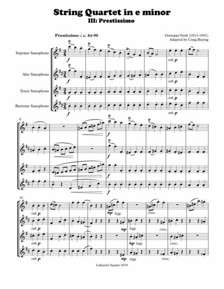 Verdi Prestissimo From String Quartet In E For Saxophone Quartet Page 2