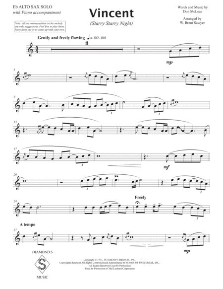 Vincent Starry Starry Night Alto Sax Solo With Piano Page 2