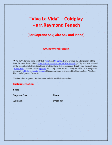 Viva La Vida Coldplay Soprano And Alto Saxophones And Piano With Optional Drum Set Page 2