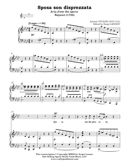 Vivaldi Antonio Sposa Son Disprezzata Aria From The Opera Bajazet Arranged For Voice And Piano F Minor Page 2