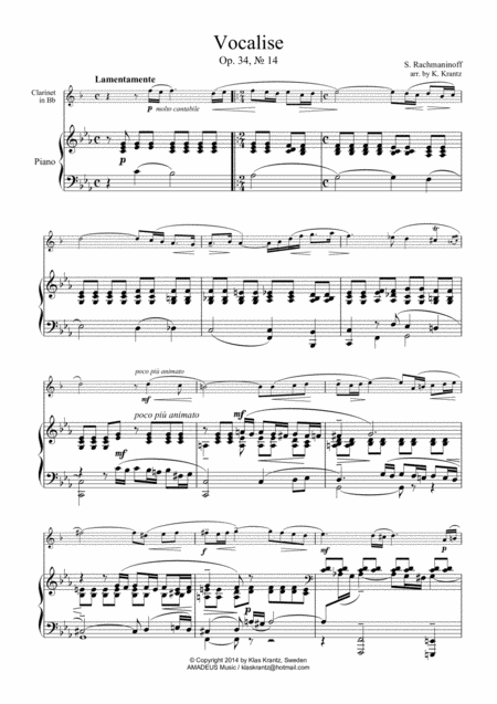 Vocalise Op 34 For Clarinet In Bb And Piano Page 2