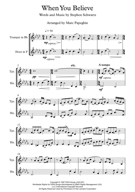 When You Believe From The Prince Of Egypt French Horn Trumpet Duet Page 2