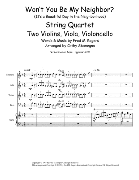 Wont You Be My Neighbor Its A Beautiful Day In The Neighborhood String Quartet Two Violins Viola Violoncello Chords Piano Accompaniment Page 2