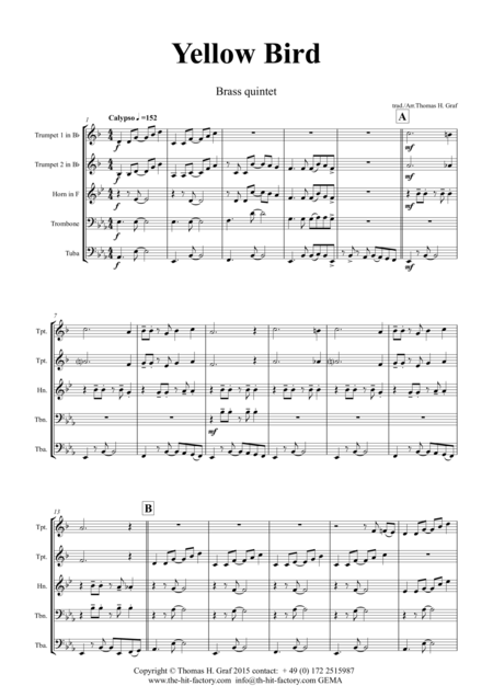 Yellow Bird Haitian Folk Song Calypso Brass Quintet Page 2