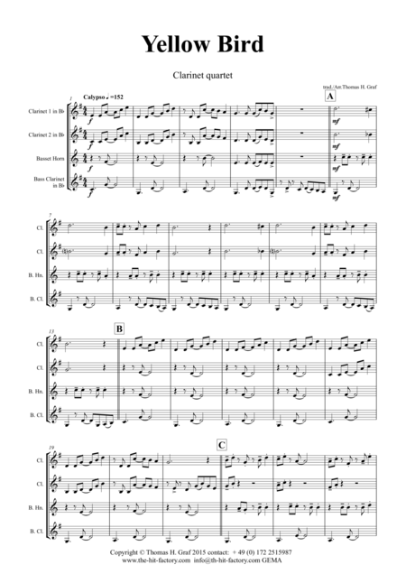 Yellow Bird Haitian Folk Song Calypso Clarinet Quartet Page 2