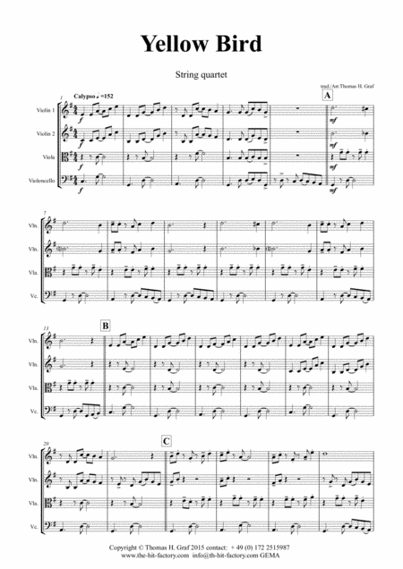 Yellow Bird Haitian Folk Song Calypso String Quartet Page 2