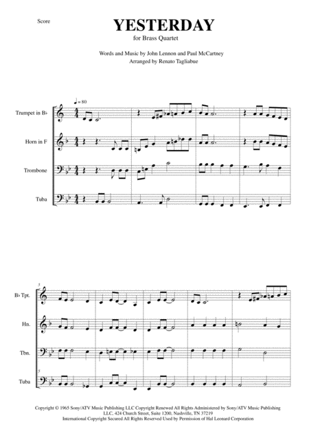 Yesterday For Brass Quartet With Parts Page 2