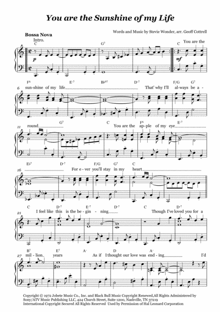 You Are The Sunshine Of My Life Arranged For Easy Piano Page 2