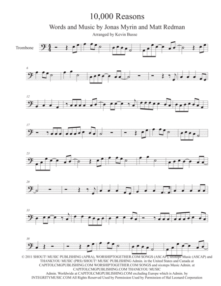 Free Sheet Music 10 000 Reasons Easy Key Of C Trombone