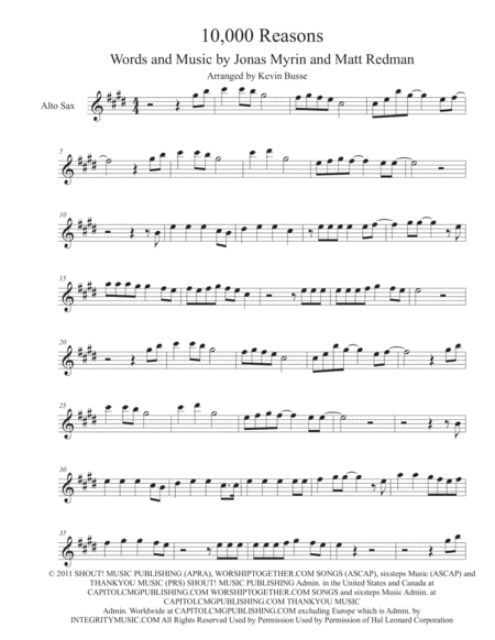 Free Sheet Music 10 000 Reasons Original Key Alto Sax
