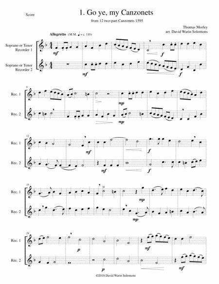 12 Easy Canzonets For Soprano And Or Tenor Recorder Duo Sheet Music