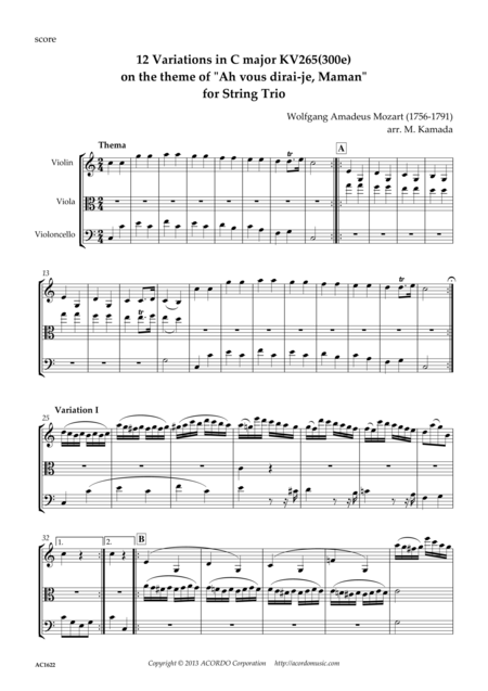 12 Variations In C Major Kv265 300e On The Theme Of Ah Vous Dirai Je Maman For String Trio Sheet Music