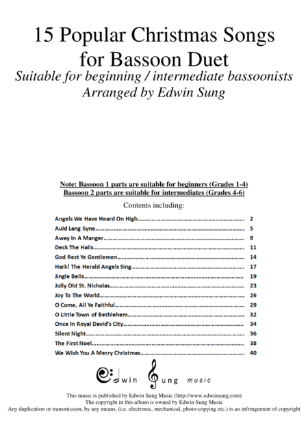 15 Popular Christmas Songs For Bassoon Duet Suitable For Beginning Intermediate Bassoonists Sheet Music