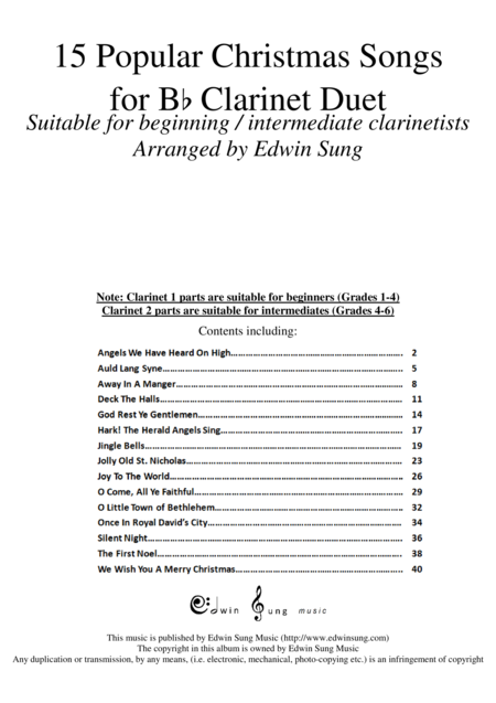 15 Popular Christmas Songs For Bb Clarinet Duet Suitable For Beginning Intermediate Clarinetists Sheet Music