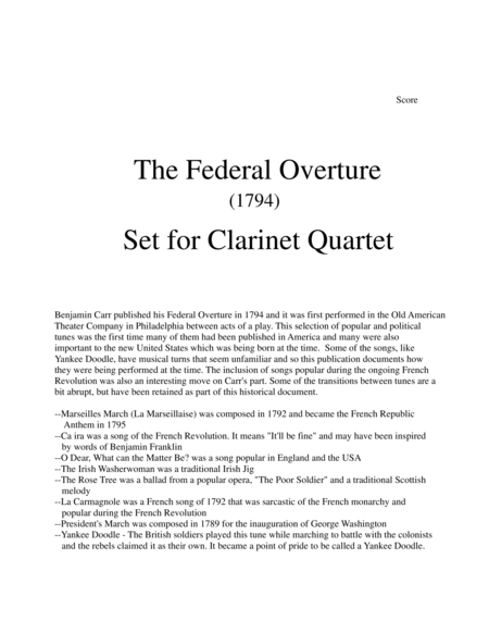 1794 Federal Overture For Clarinet Quartet Sheet Music