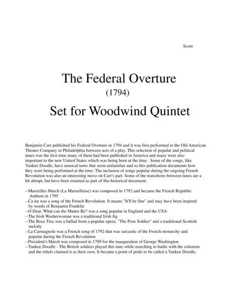 1794 Federal Overture For Woodwind Quintet Sheet Music