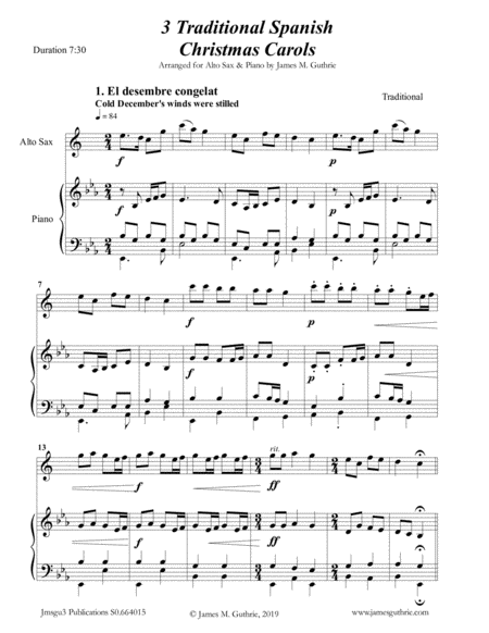 3 Traditional Spanish Christmas Carols For Alto Sax Piano Sheet Music