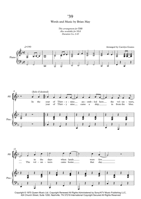 Free Sheet Music 39 Queen For Tbb Choir Piano
