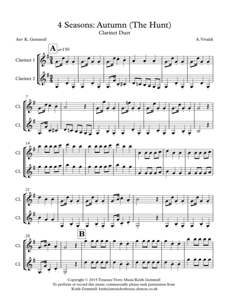 Free Sheet Music 4 Seasons Autumn The Hunt Clarinet Duet