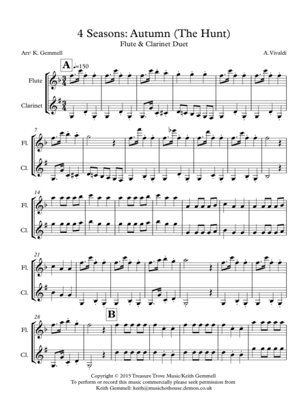 Free Sheet Music 4 Seasons Autumn The Hunt Flute And Clarinet