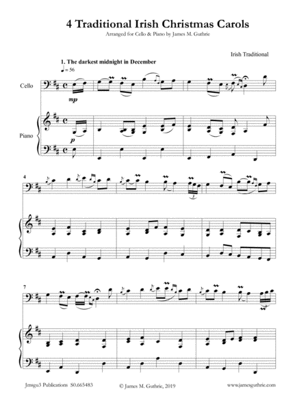 4 Traditional Irish Christmas Carols For Cello Piano Sheet Music