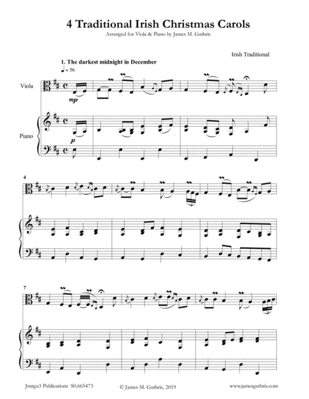 4 Traditional Irish Christmas Carols For Viola Piano Sheet Music